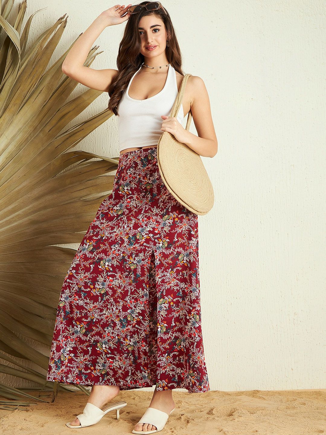 Berrylush Maroon Floral Printed High Rise Side Slit Maxi Skirt