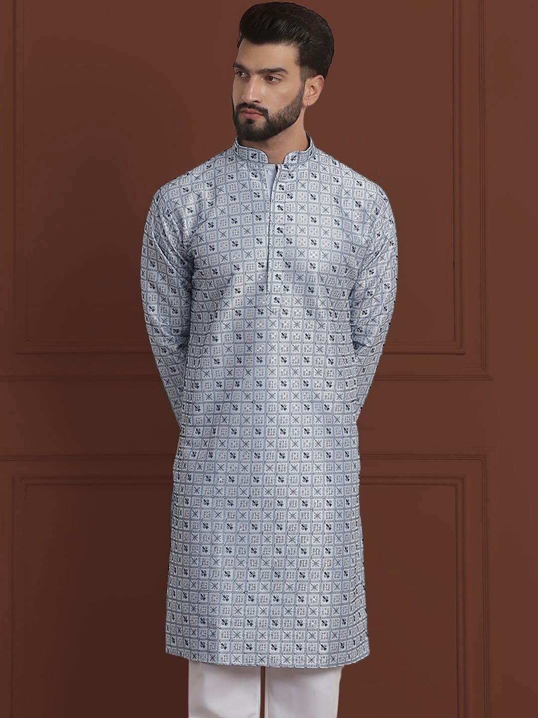 SOJANYA LUXE Sulam Bunga Labuci Mandarin Kolar Kapas Kurta Lurus Sutera