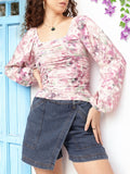 DressBerry Pastel Dreams Floral Print Puff Sleeves Ruched Top