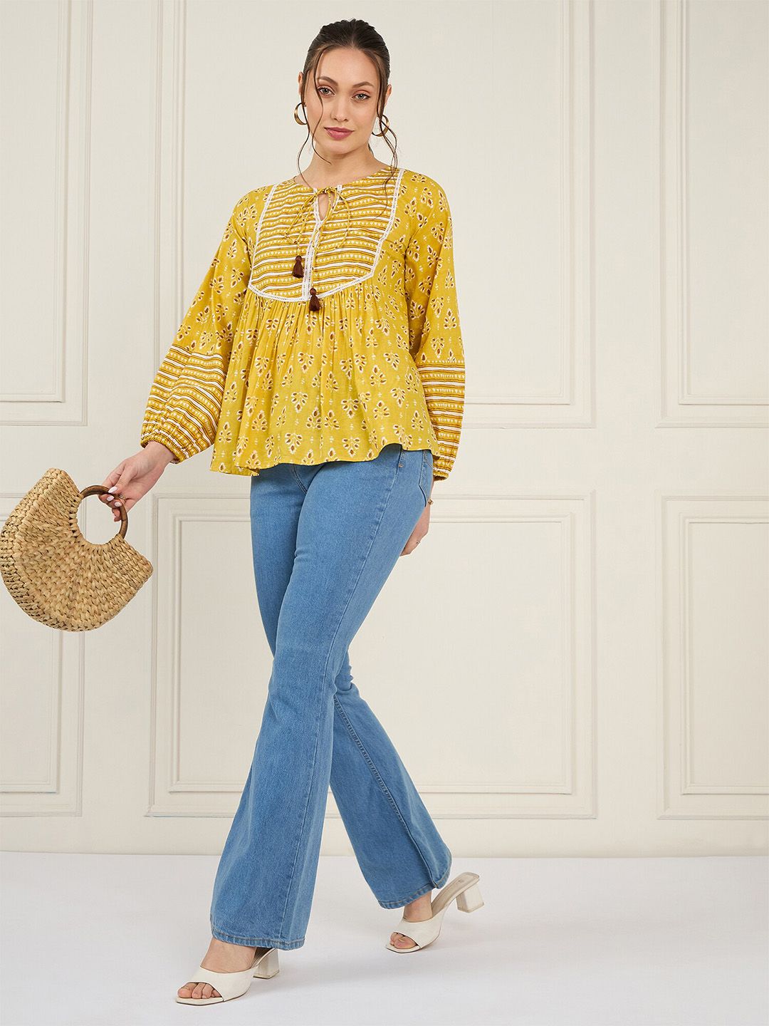 Antheaa Print Tie-Up Neck Puff Sleeve Cotton Top
