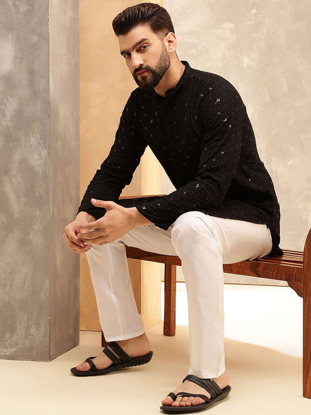 Anouk Black Mandarin Collar Geometric Embroidered Sequinned Pure Cotton Straight Kurta