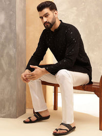 Anouk Black Mandarin Collar Geometric Embroidered Sequinned Pure Cotton Straight Kurta