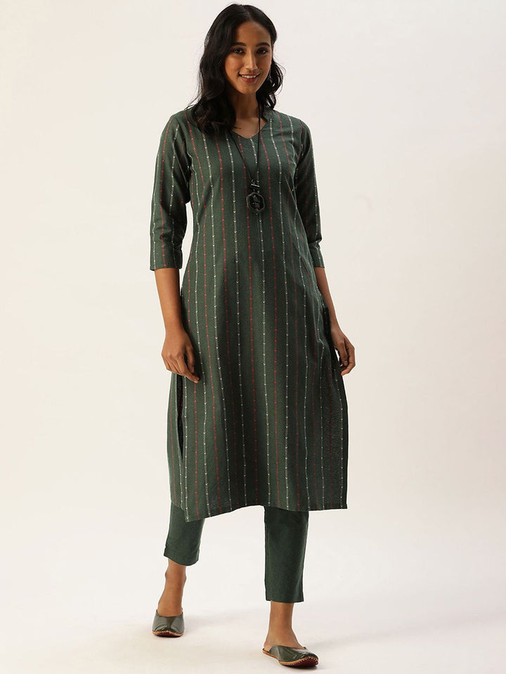 KALINI Women Striped Regular Thread Work Kurta with Trousers