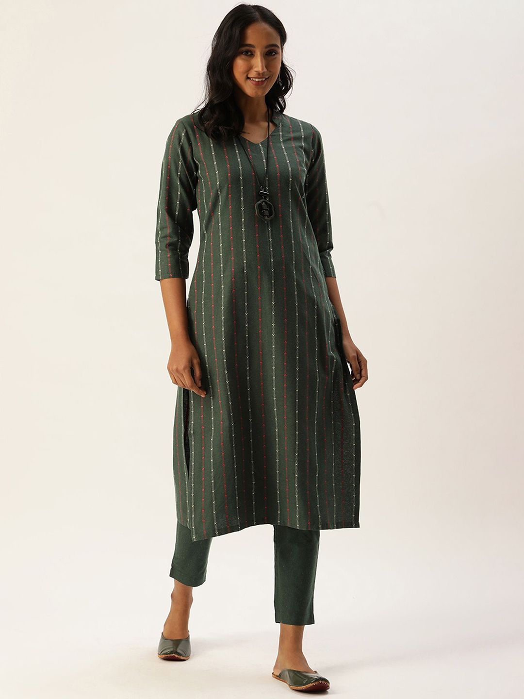 KALINI Women Striped Regular Thread Work Kurta with Trousers