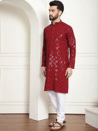 SOJANYA Geometric Embroidered Mandarin Collar Long Sleeves Sequinned Pure Cotton Kurta Set