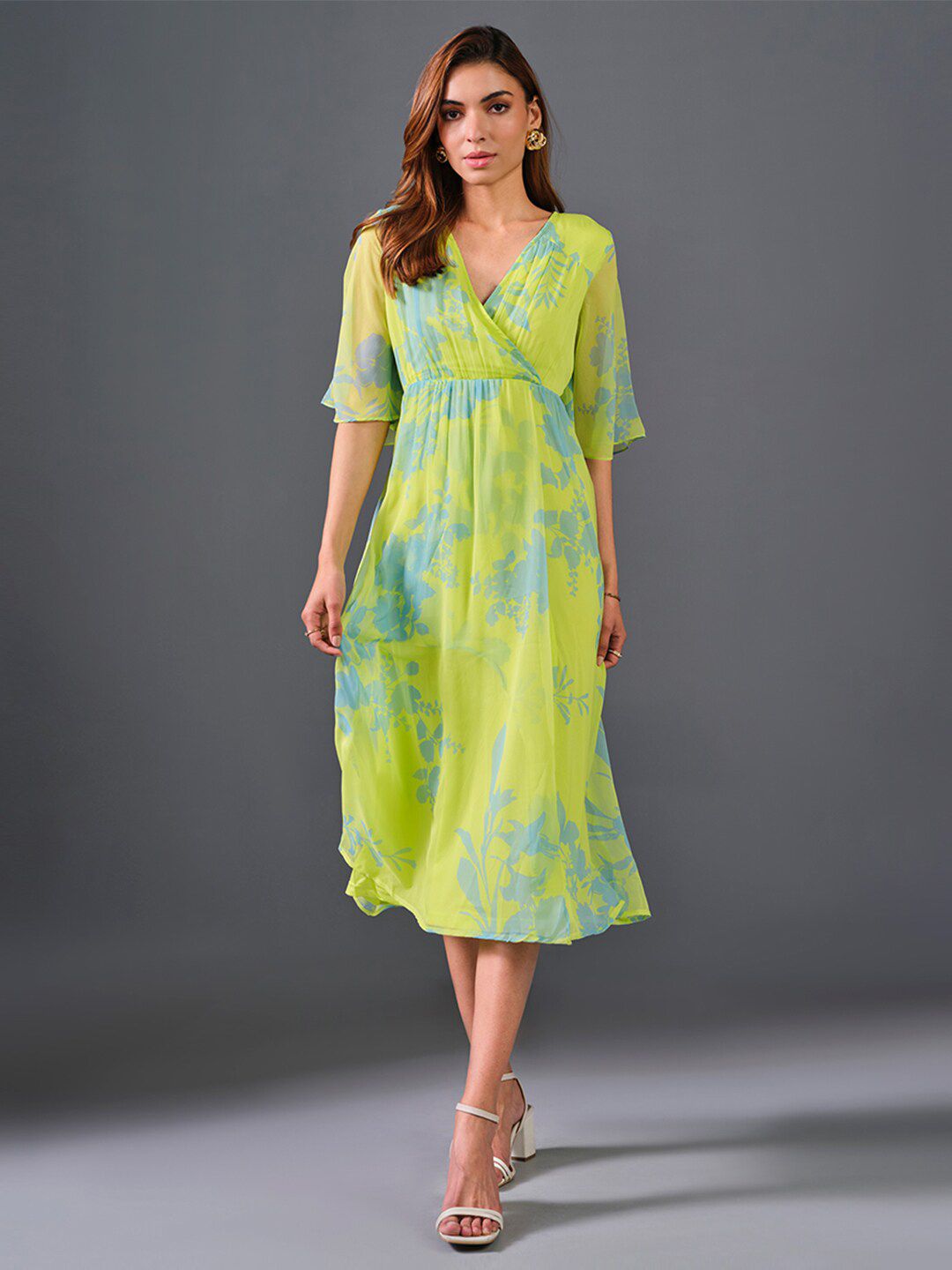 AND Floral Printed V-Neck Flared Sleeve Empire Midi Dress