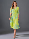 AND Floral Printed V-Neck Flared Sleeve Empire Midi Dress