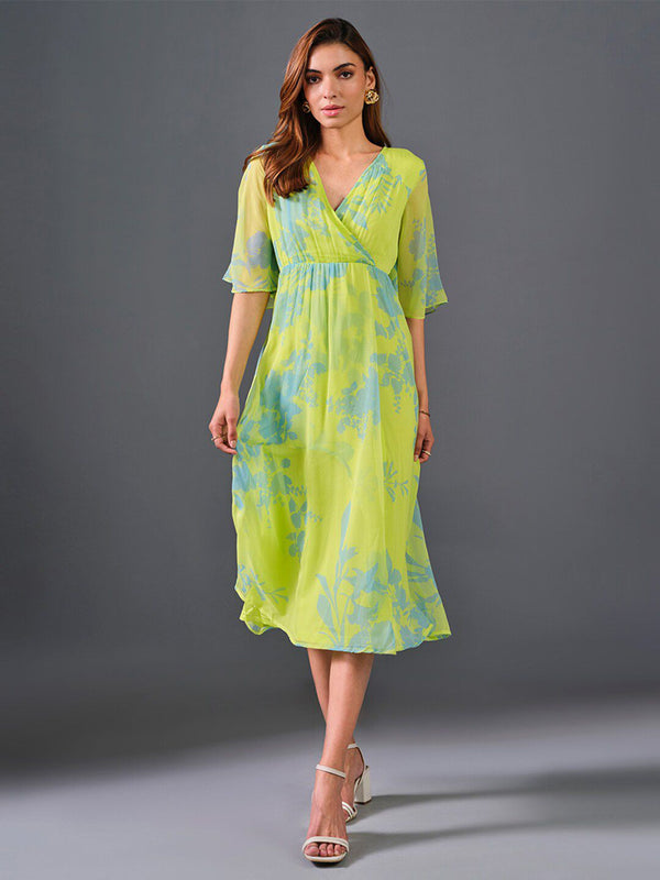 AND Floral Printed V-Neck Flared Sleeve Empire Midi Dress