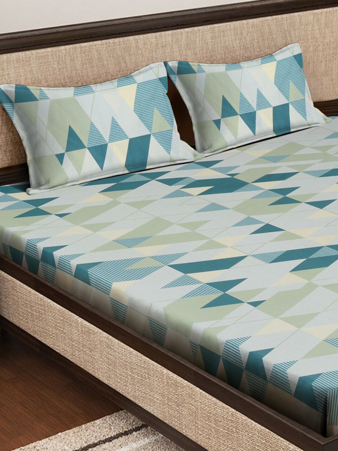 KLOTTHE Blue Geometric Pure Cotton 400 TC King Superfine Bedsheet dengan 2 Sarung Bantal-98 x 89 inci