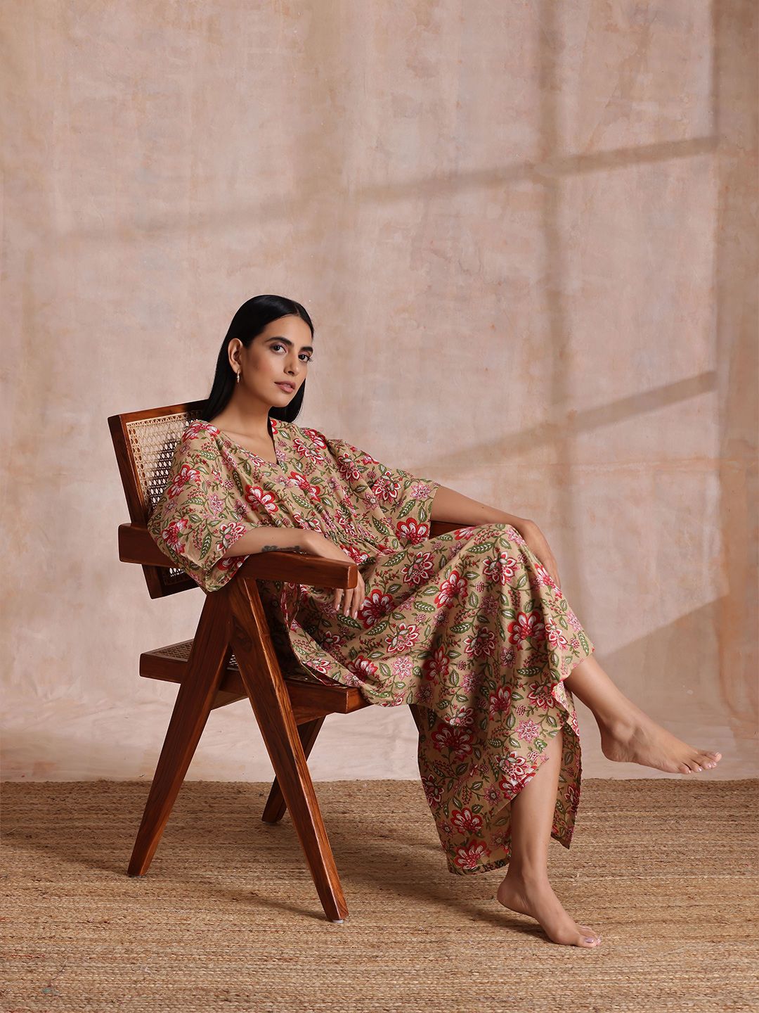Pakaian Cotton Cotton Kaftan Midi yang bercetak bunga