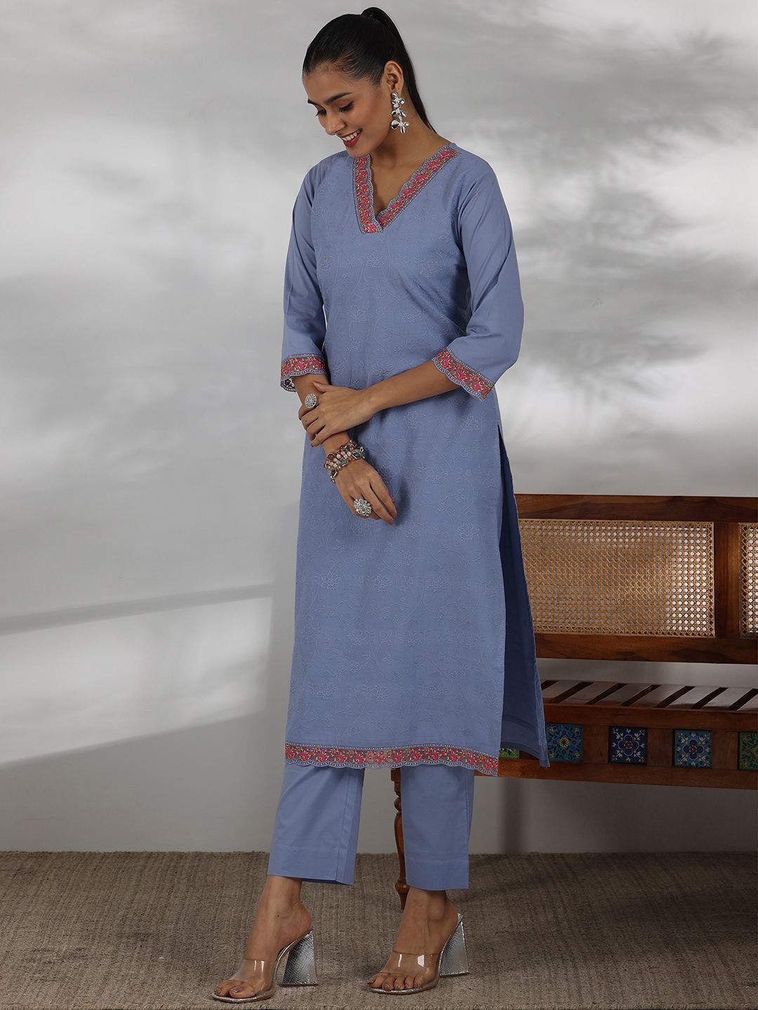Libas Women Floral Embroidered Regular Thread Work Pure Cotton Kurta with Trousers & With Dupatta