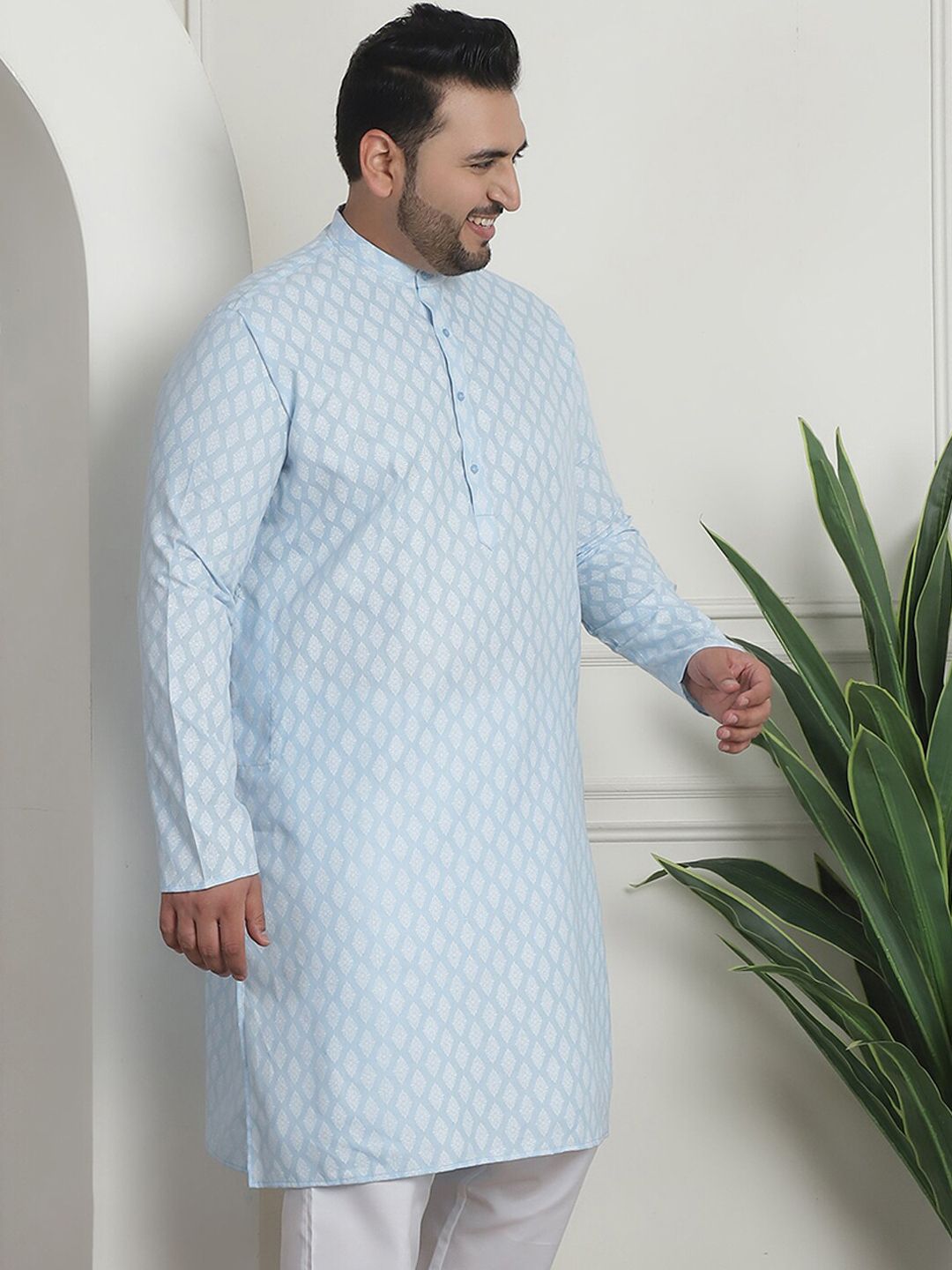 SOJANYA PLUS PLus Size Ethnic Motifs Printed Band Collar Long Sleeves Straight Kurta