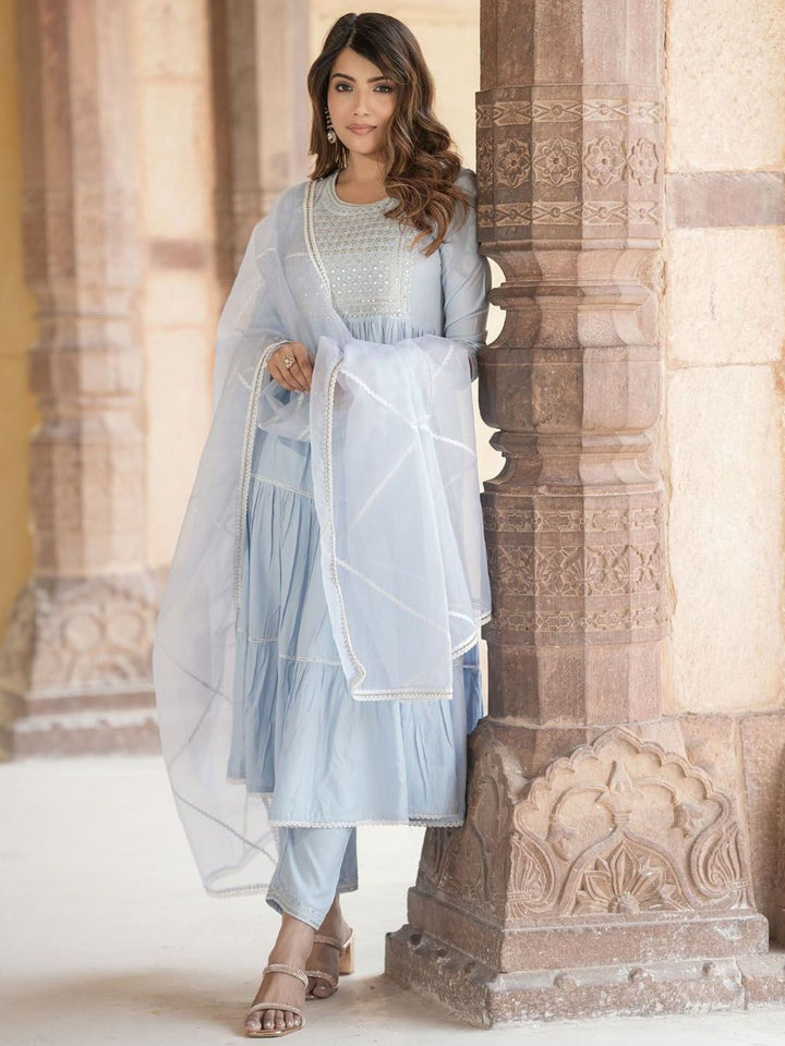 Kalini Geometric Yoke Design Mirror Work Cotton Pure Anarkali Kurta Trousers & Dupatta