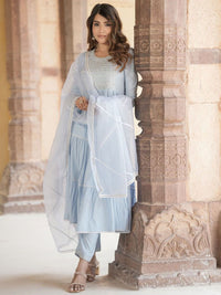 Kalini Geometric Yoke Design Mirror Work Cotton Pure Anarkali Kurta Trousers & Dupatta