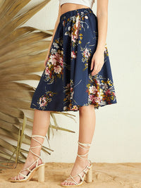 Berrylush Blue Floral Printed High-Rise Knee Length A-Line Skirt