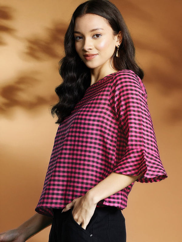 DressBerry Checked Bell Sleeves Top