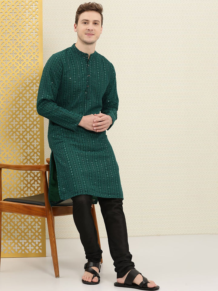 House of Pataudi Men Green Sequins Embellished Mandarin Collared Straight Kurta