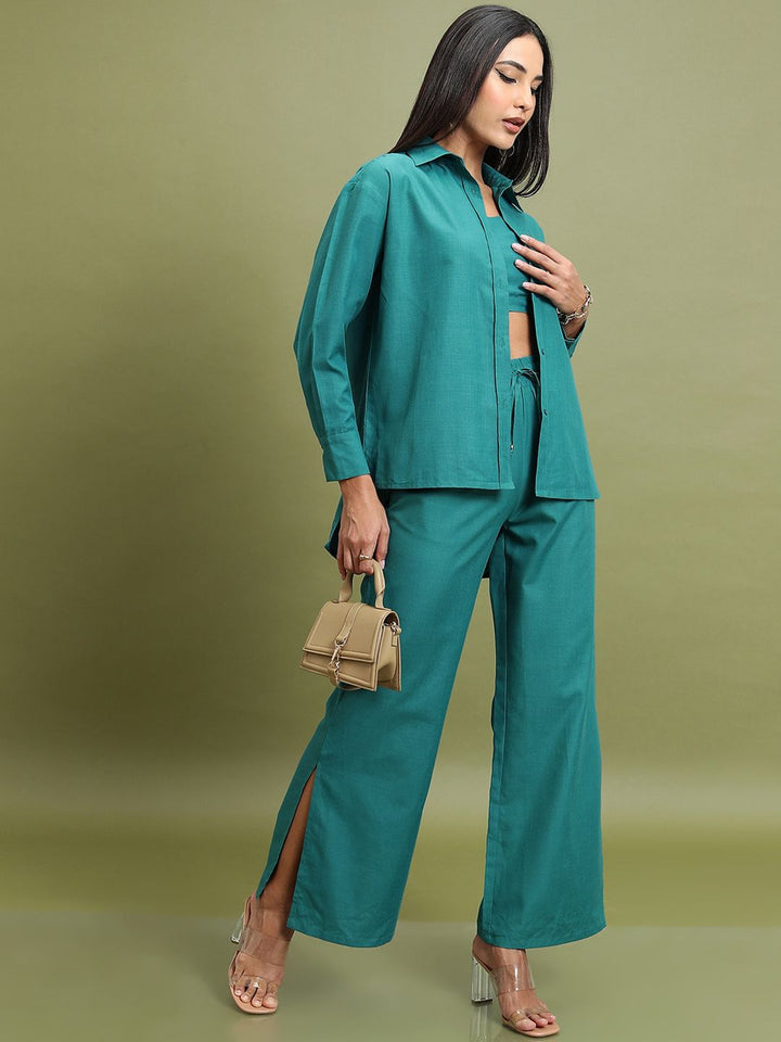 Tokyo Talkies Teal Green Shoulder Strap Crop Top With Trouser & Shirt