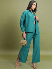 Tokyo Talkies Teal Green Shoulder Strap Crop Top With Trouser & Shirt