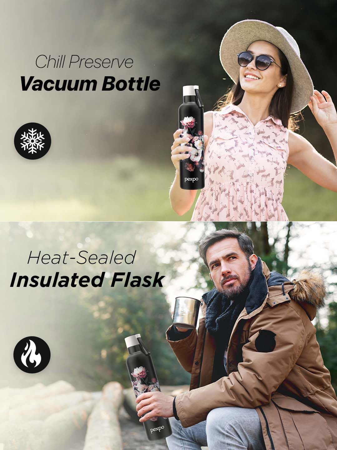 Pexpo Black OSLO-ISI Certified Thermosteel Floral Hot and Cold Flask Water Bottle 750 ml