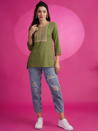 KALINI Embroidered Round Neck Patch Work Straight Kurti