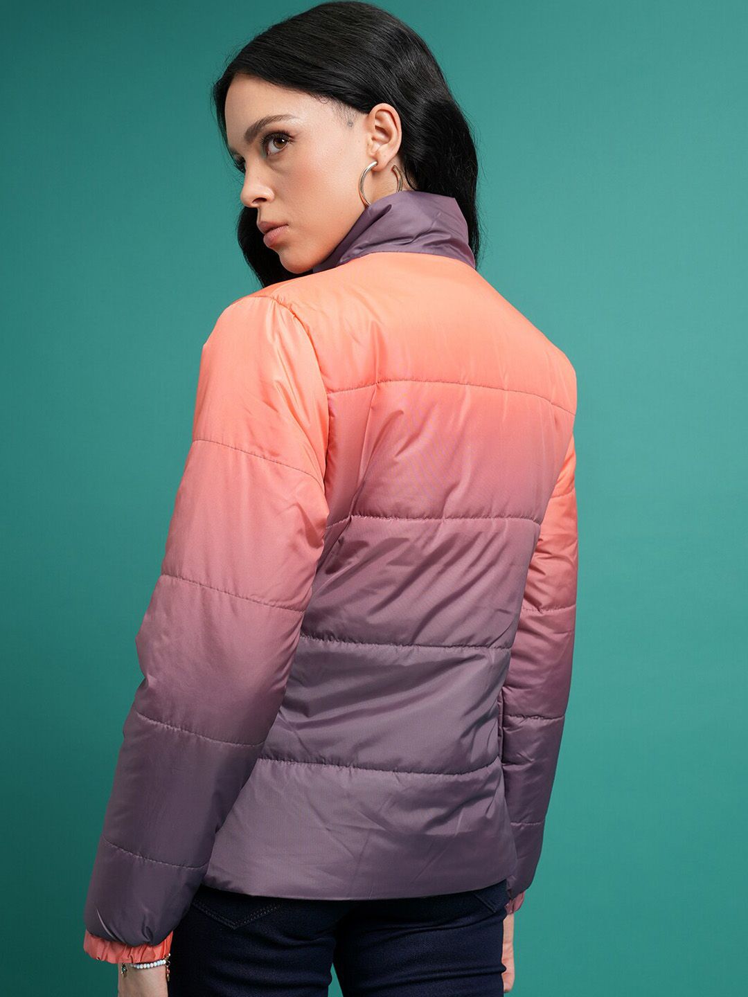 Tokyo Talkies Black & Orange-Coloured Colourblocked Mock Collar Puffer Jacket