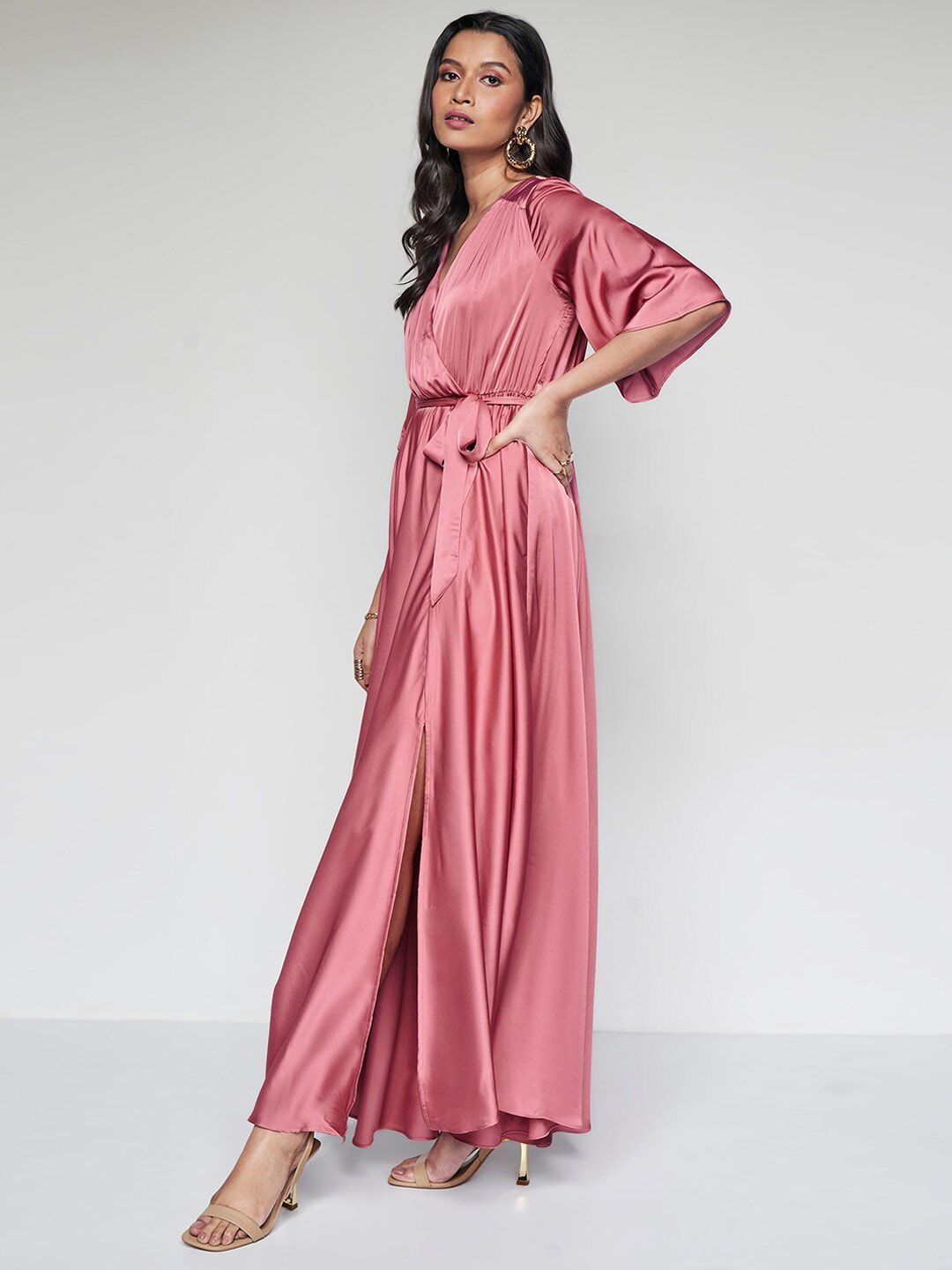 AND Flared Sleeves Belted Pleated Midi Wrap Dress