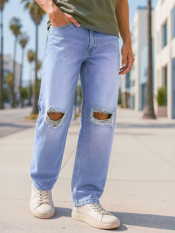 Bewakoof Men's Light Blue Baggy Distressed Mid-Rise Jeans