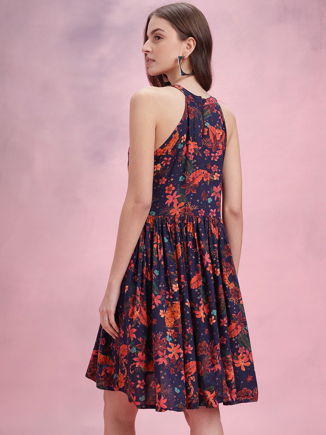DressBerry Floral Print Halter Neck Fit & Flare Dress