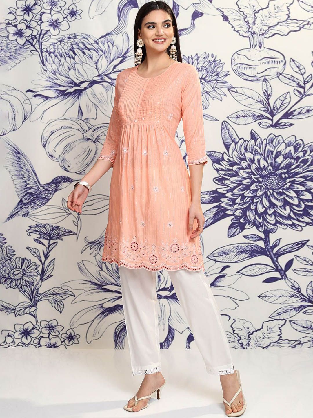 Vishudh Peach Round Neck Floral Embroidered Regular Pure Cotton A-Line Kurta with Trousers