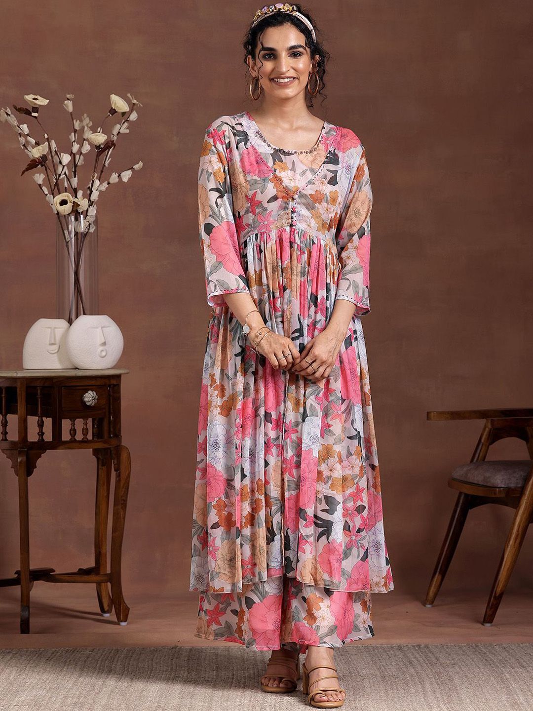 Libas Women floral Printed Tunic, Shrug & Palazzos Co-Ords Co-Ords