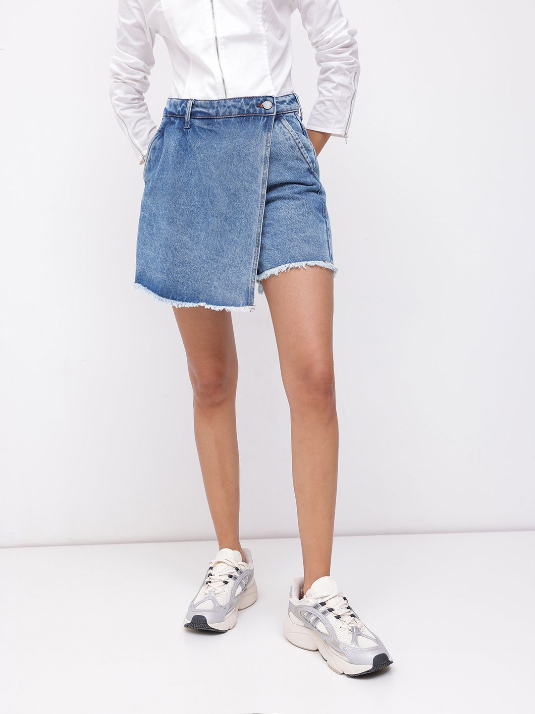 DressBerry Women Classic Wrap Twist Faded Pure Cotton Denim Skorts