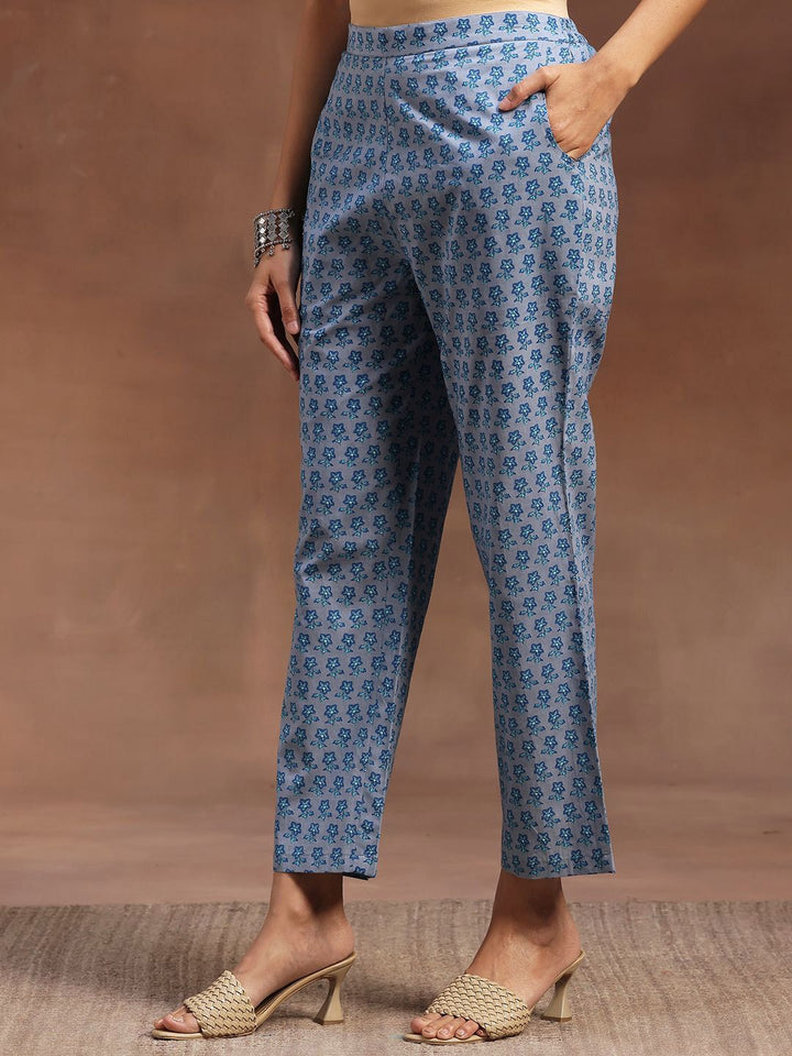 Libas Blue & White Floral Printed V-Neck Pure Cotton Kurta with Trousers & Dupatta
