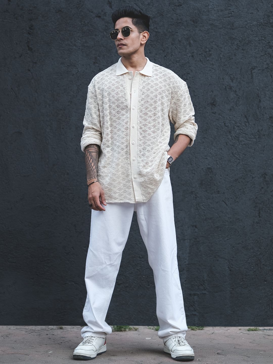 Powerlook White India Slim Oversized Geometric Self Design Crochet Semi Sheer Shirt