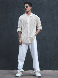 Powerlook White India Slim Oversized Geometric Self Design Crochet Semi Sheer Shirt