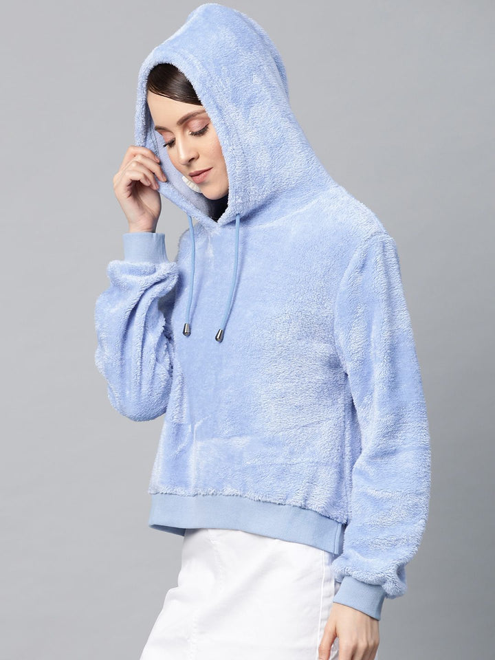 SASSAFRAS Women Blue Faux Fur Solid Hooded Sweatshirt