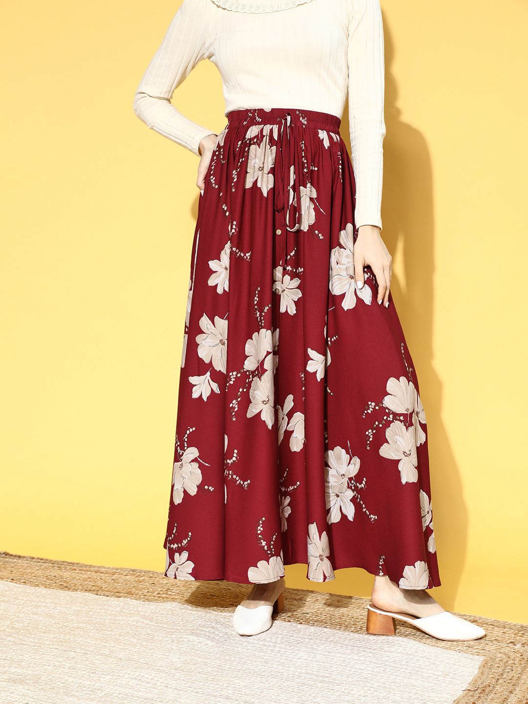 Berrylush Women Maroon Floral Printed Maxi Skirt