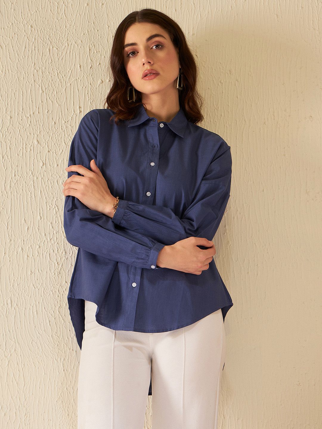 DENNISON Women Blue Smart Boxy Opaque Casual Shirt