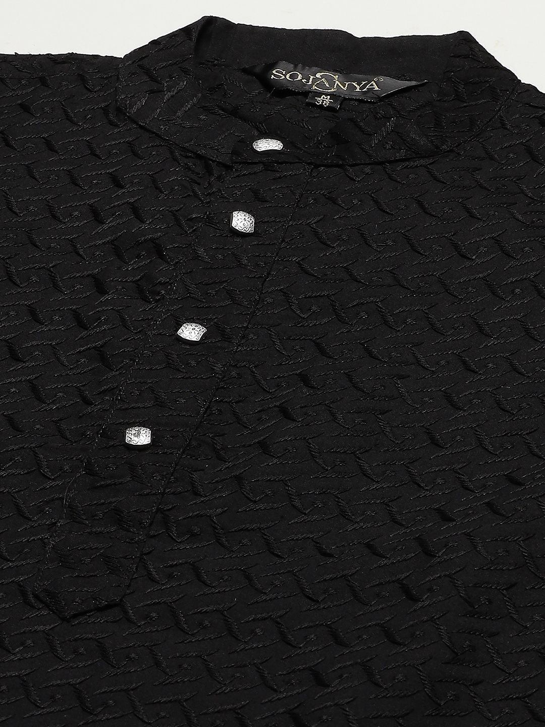 SOJANYA Men Black Ethnic Motifs Chikankari Pure Cotton Kurta with Churidar & Nehru Jacket