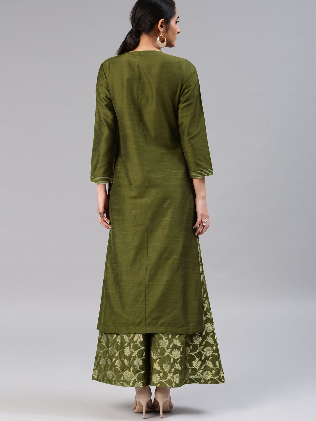 Vishudh Women Olive Green & Gold-Toned Solid Kurta with Palazzos