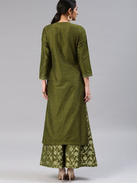 Vishudh Women Olive Green & Gold-Toned Solid Kurta with Palazzos