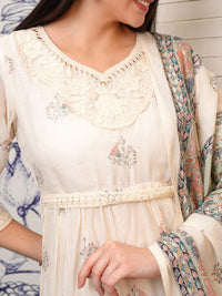 Vishudh White Printed Gathered Midi Fit & Flare Ethnic Dresses With Dupatta & Belt