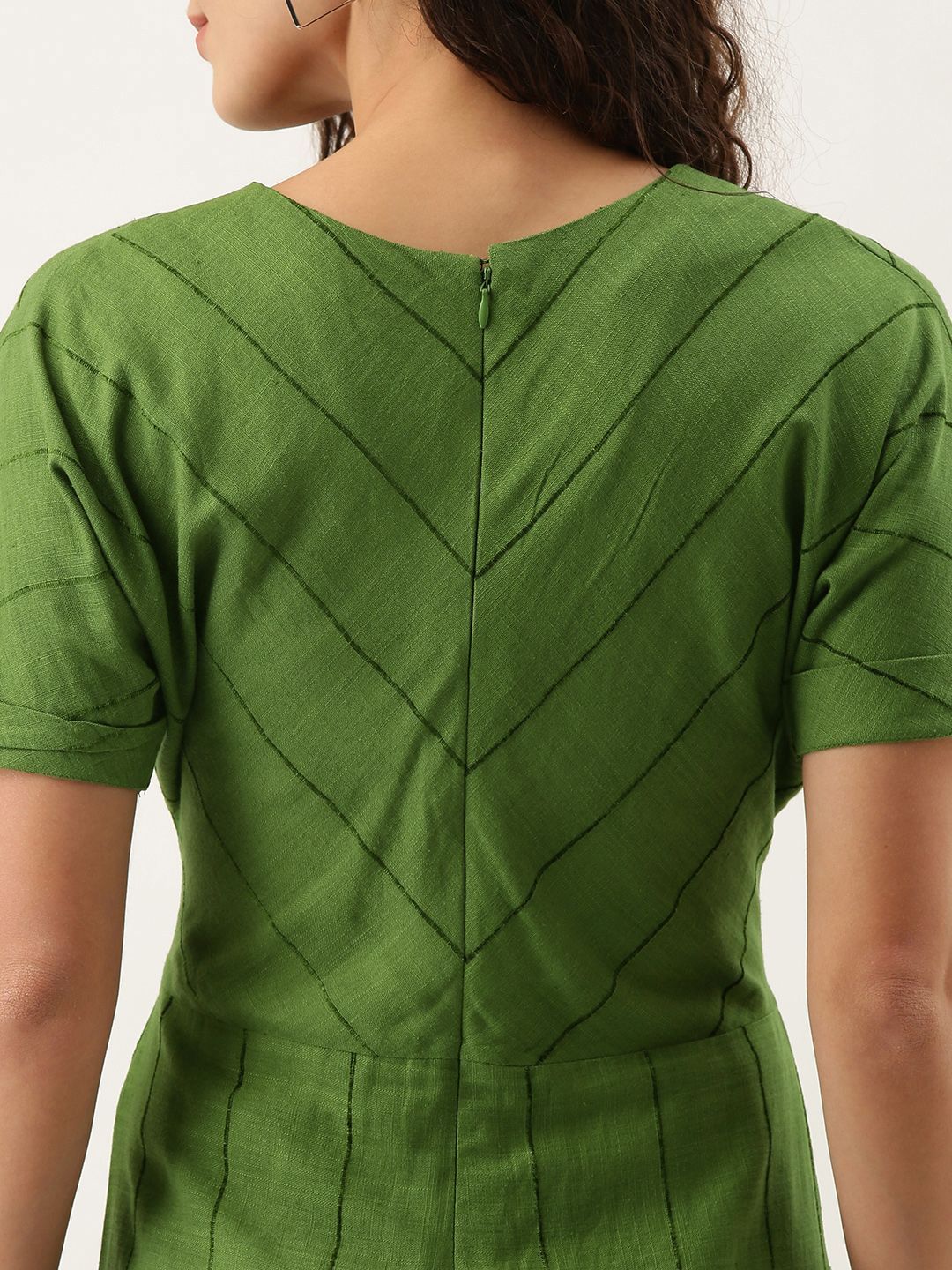 AND Women Olive Green Self-Striped Basic Jumpsuit