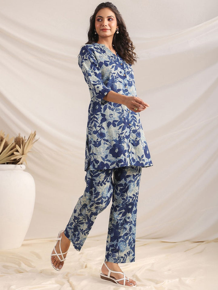 Janasya Women's Indigo Pure Cotton Floral Printed Regular Co-ord Set