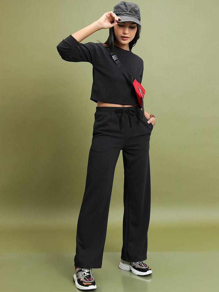 Tokyo Talkies Black Round Neck Crop Top & Trousers