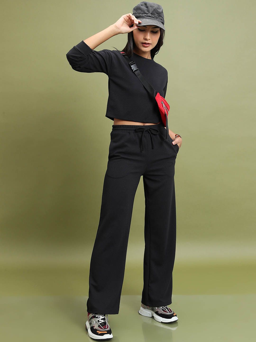 Tokyo Talkies Black Round Neck Crop Top & Trousers