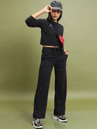 Tokyo Talkies Black Round Neck Crop Top & Trousers