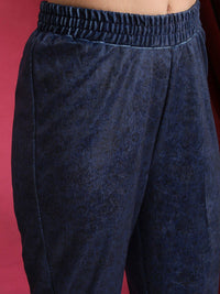 Vishudh Navy Blue Floral Printed Mandarin Collar Straight Kurta & Palazzos With Dupatta