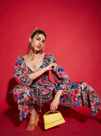 Sassafras Multicolor Floral Printed Peplum Top & Trousers Co-Ords