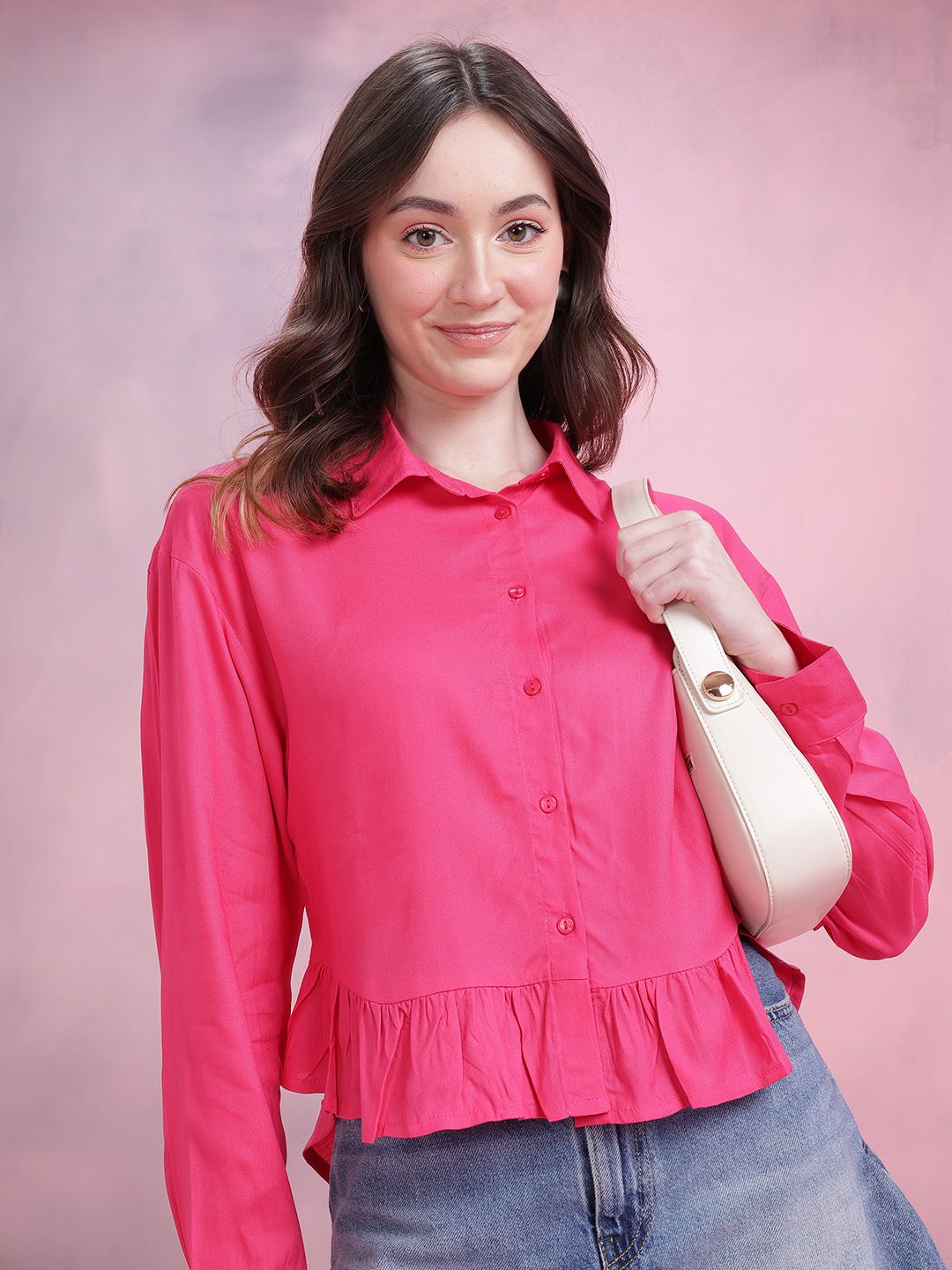 DressBerry Women Ruffled Spread Collar Casual Crop Shirt